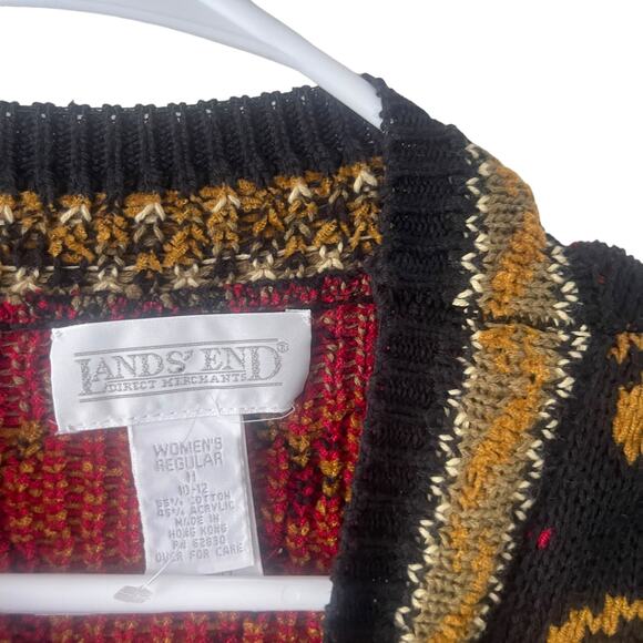 Lands' End Women's Medium Chunky Knit Black Geometric Pattern Crew Neck Sweater - Picture 4 of 8